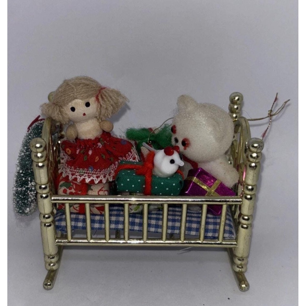 Vintage Schmid Christmas Ornament Teddy Bears In Crib With Gifts 4 Inch
